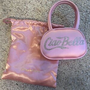 NWT Amina Muaddi mini pink bag with crystal writing